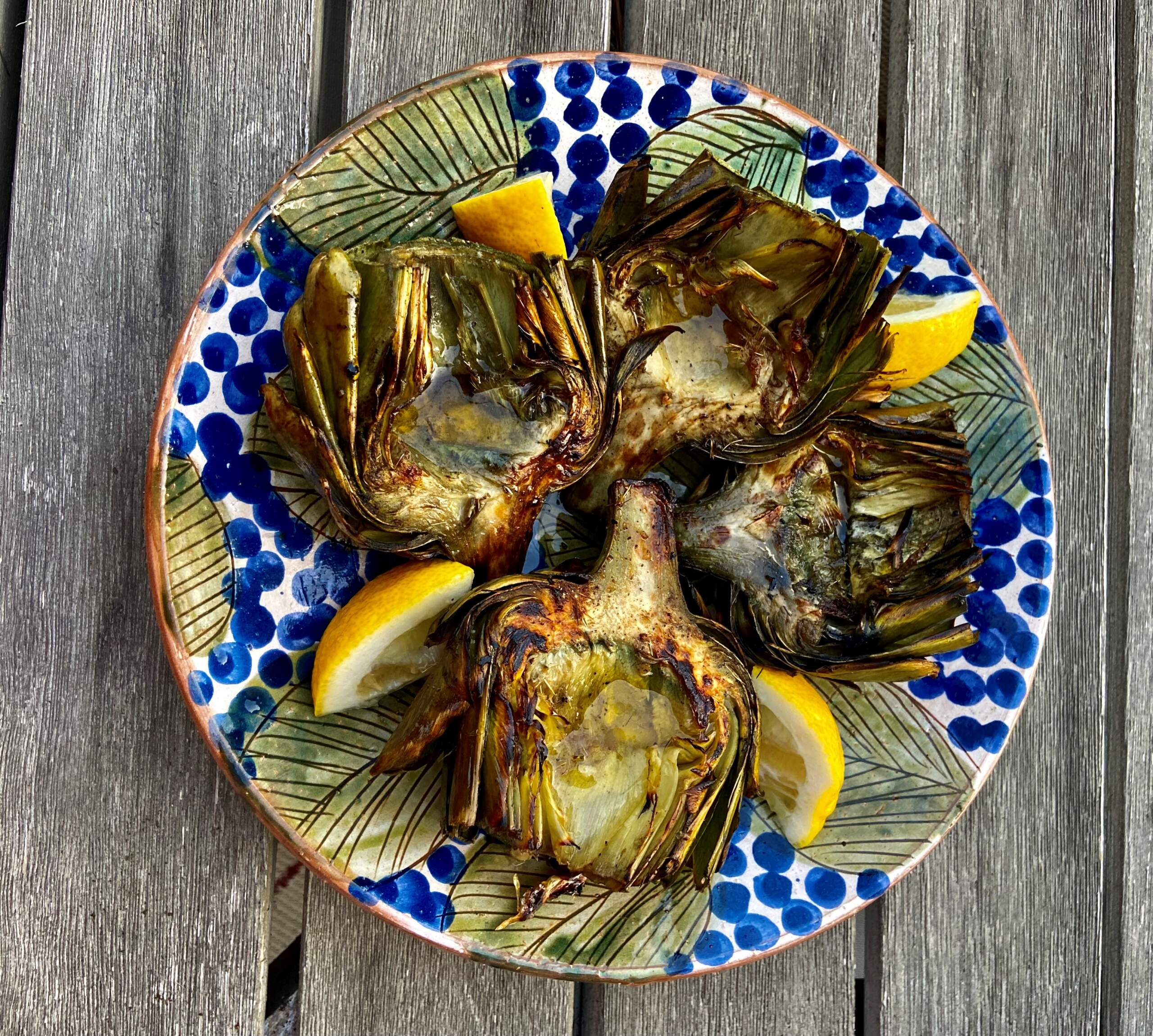 Grilled artichokes with lemon and olive oil. (Kathy Gunst/Here & Now)