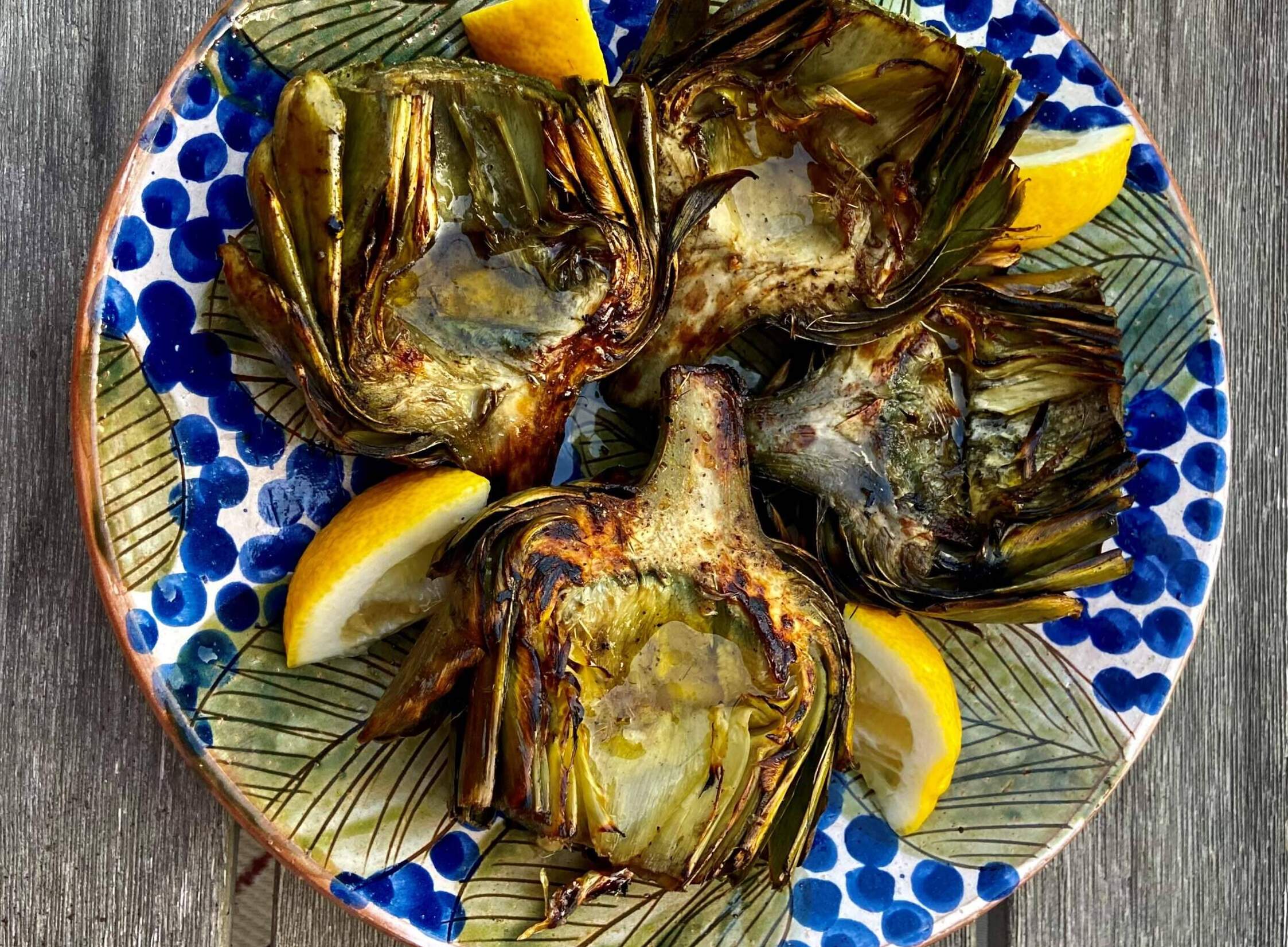 Grilled artichokes with lemon and olive oil. (Kathy Gunst/Here &amp; Now)