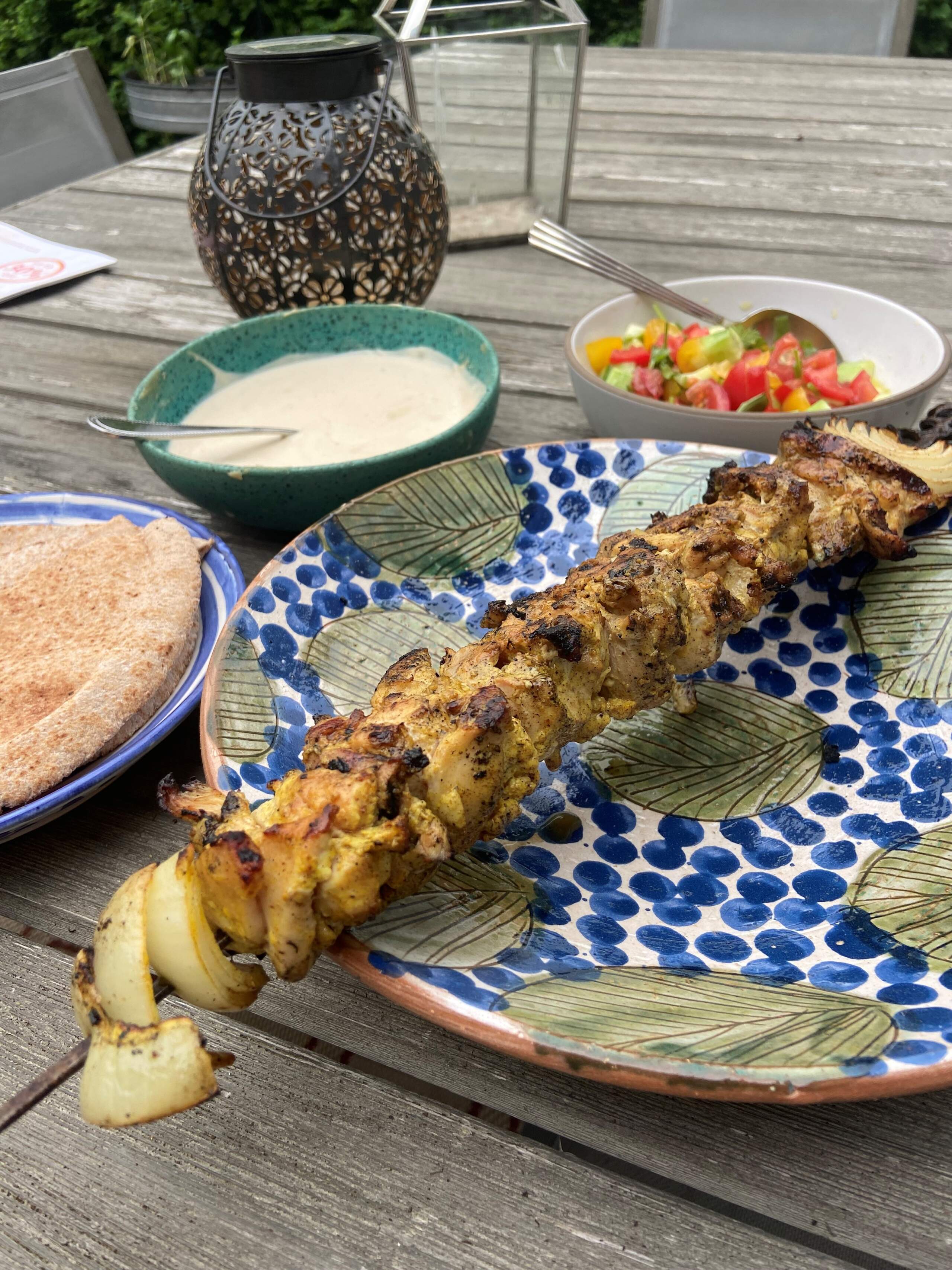 Yogurt and spice-marinated chicken shawarma. (Kathy Gunst/Here & Now)