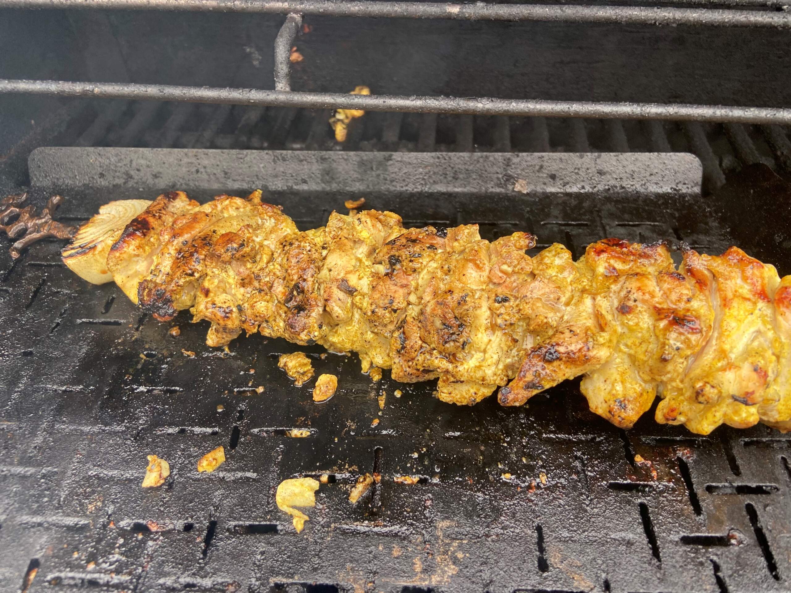 Yogurt and spice-marinated chicken shawarma. (Kathy Gunst/Here & Now)