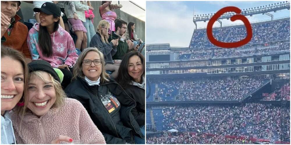 The author, in her beanie hat and pink jacket, at the Taylor Swift concert with friends on Friday, May 19, 2023. On the right, she's circled their "nosebleed" seats. (Courtesy Joanna Weiss)