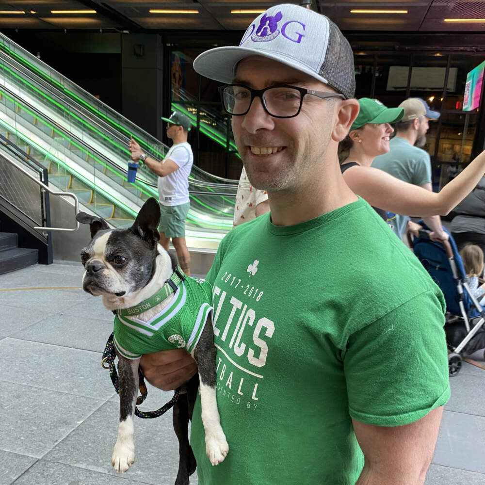 Joe Freni and his dog Lenny outside TD Garden before Game 7 against the Heat. (Barbara Moran/WBUR)