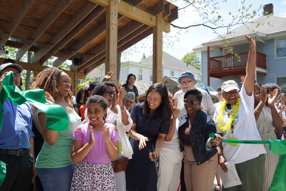 Boston Mayor Michelle Wu cuts the ribbon at the opening of the Edgewater Food Forest in May 2023. Courtesy Hope Kelley, Boston Food Forest Coalition
