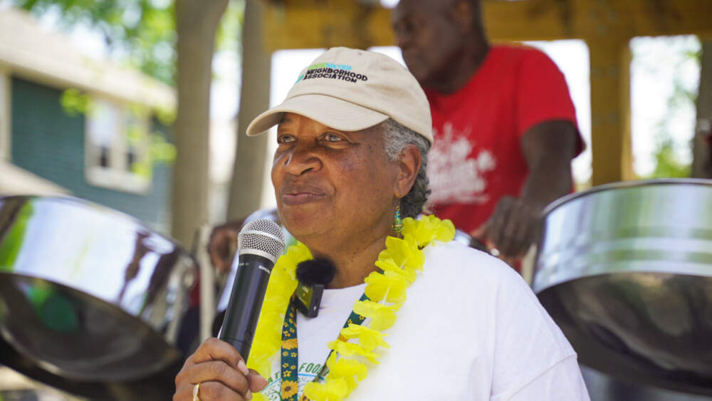 Vivien Morris, chairperson of the Edgewater Neighborhood Association, at the opening of the Edgewater Food Forest in May 2023. Courtesy Hope Kelley, Boston Food Forest Coalition