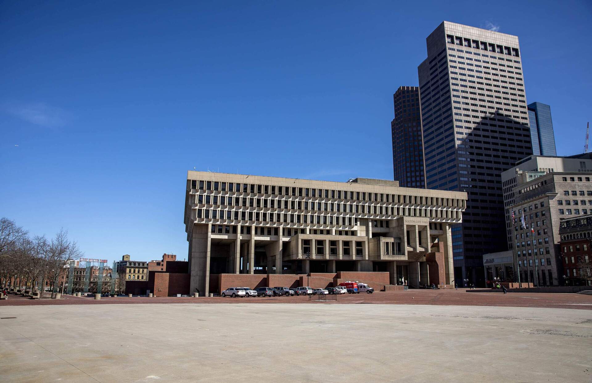 Boston City Hall photographed in 2020 before recent renovations to the plaza. (Robin Lubbock/WBUR)