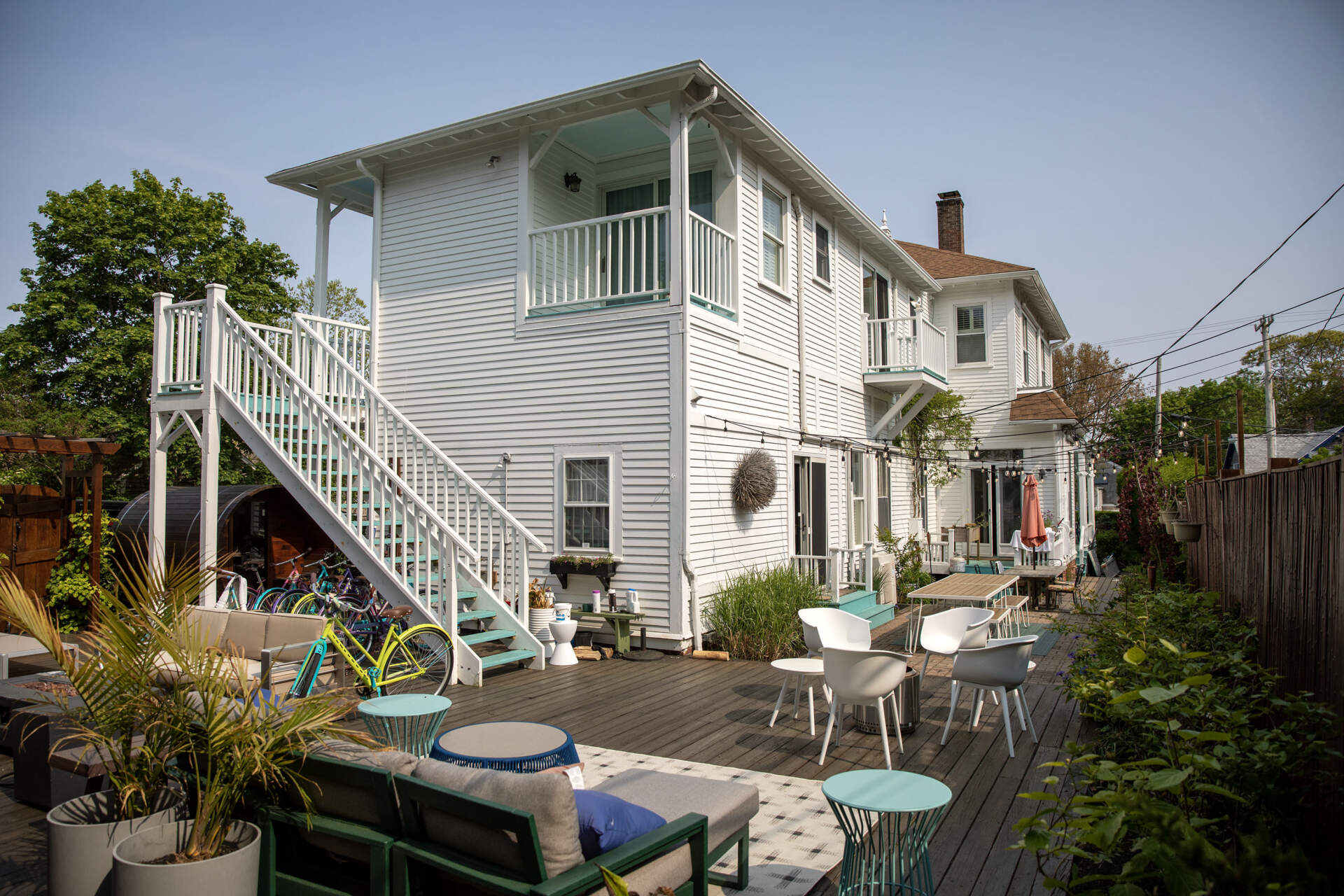 The deck in the backyard at the Summer of Sass house in Provincetown. (Robin Lubbock/WBUR)
