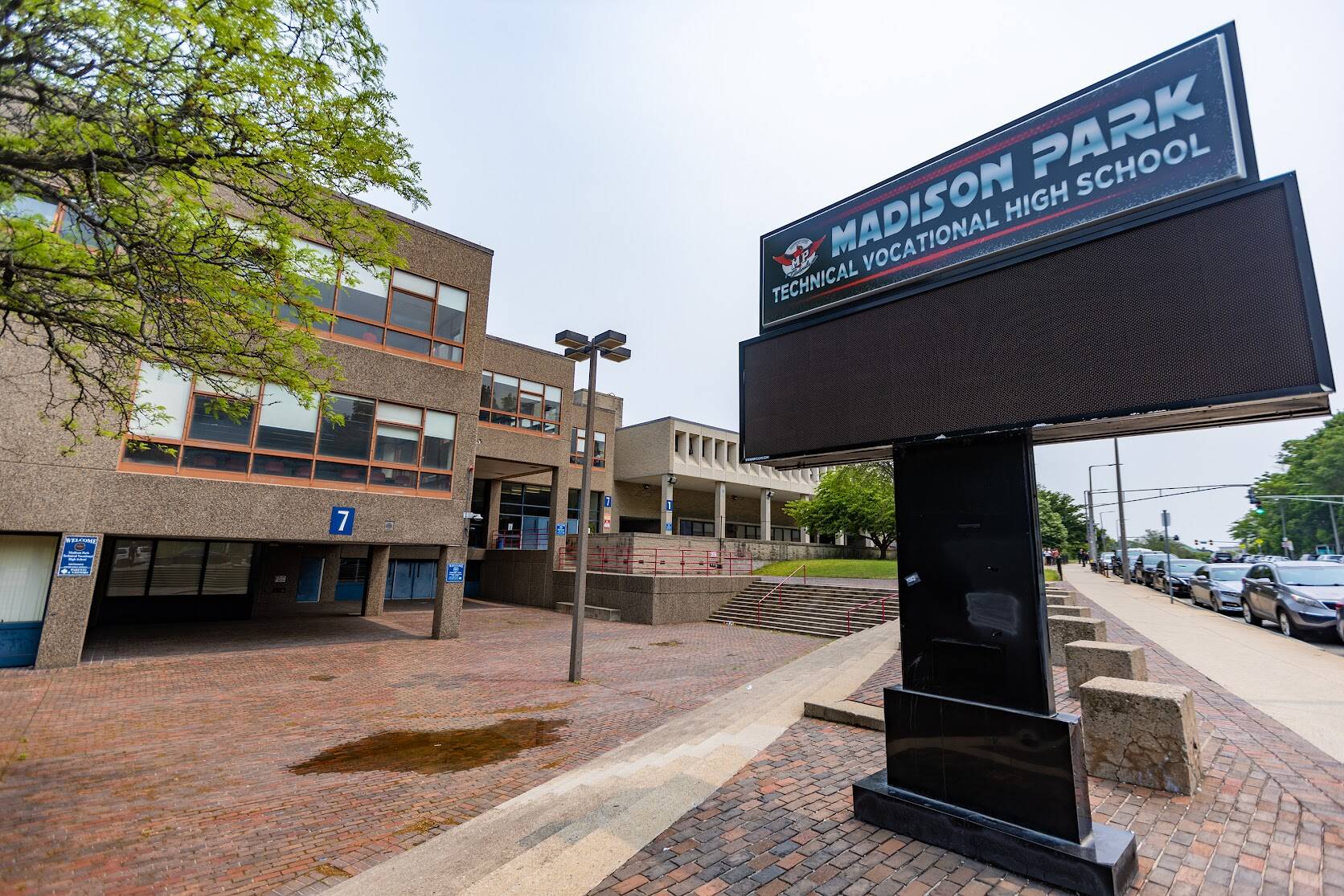The Madison Park Tecnical Vocational High School. (Jesse Costa/WBUR)