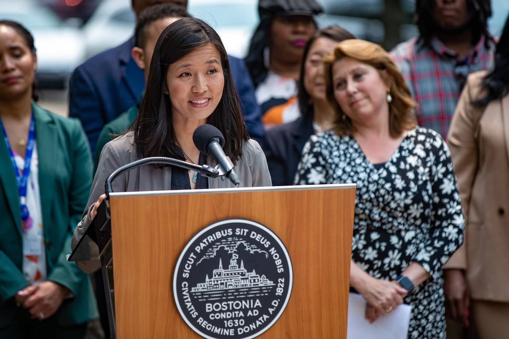 Mayor Michelle Wu and School Superintendent Mary Skipper announce their vision for the expansion of Madison Park Technical Vocational High School and John D. O’Bryant School of Mathematics and Science in June 2023. (Jesse Costa/WBUR)