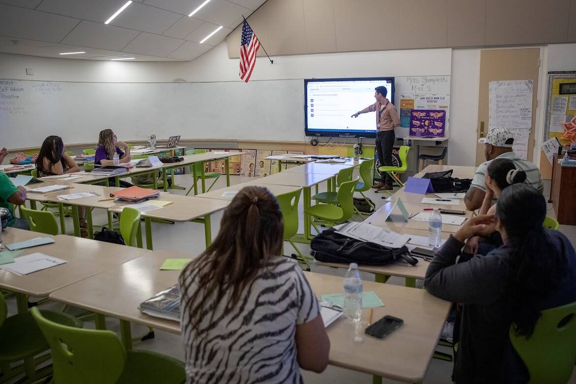 ESL teacher Noah Sullivan's class in Framingham. (Robin Lubbock/WBUR)