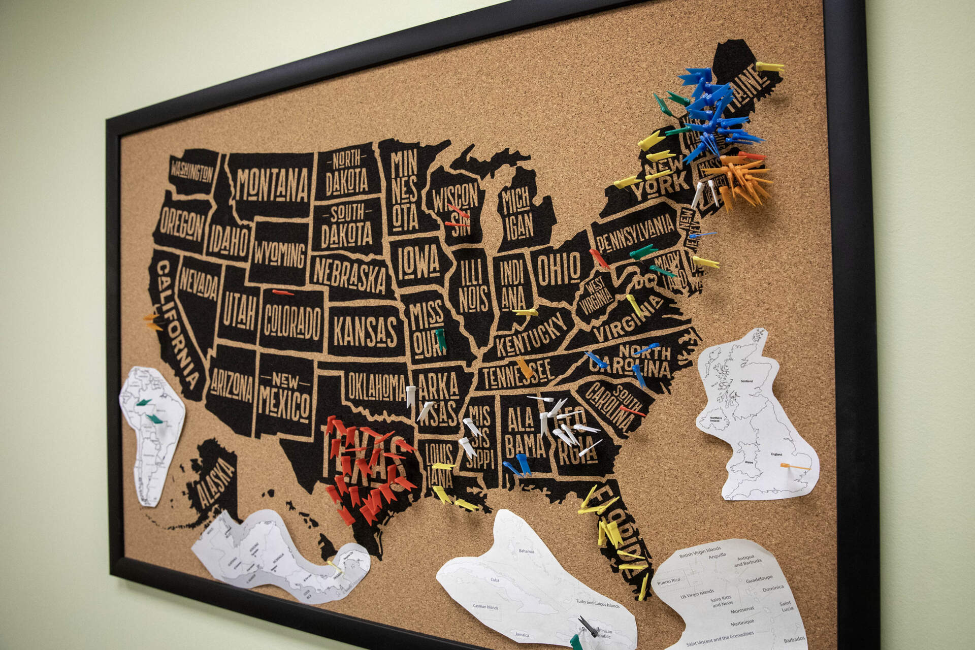 Pins mark the home states of patients who've come to the Brookline clinic for an abortion since the Dobbs decision a year ago. (Robin Lubbock/WBUR)