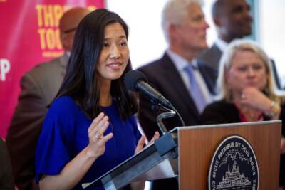 Boston Mayor Michelle Wu, at a meeting to preview the 114th National Convention which will take place in Boston. (Robin Lubbock/WBUR)