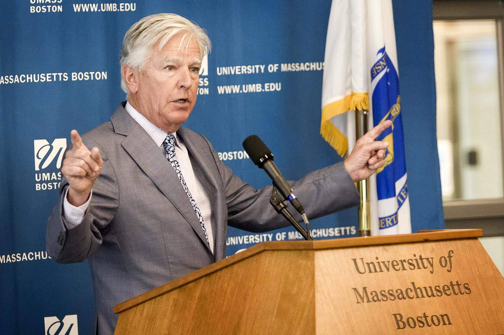 UMass President Marty Meehan speaks at the ribbon cutting ceremony for the university's new dorm buildings, August 28, 2018. (Robin Lubbock/WBUR)