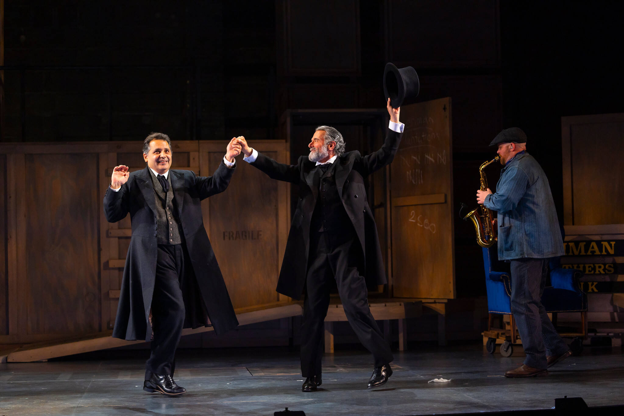 Firdous Bamji, Steven Skybell and Joe LaRocca in "The Lehman Trilogy" at the Huntington Theatre Company. (Courtesy T Charles Erickson)