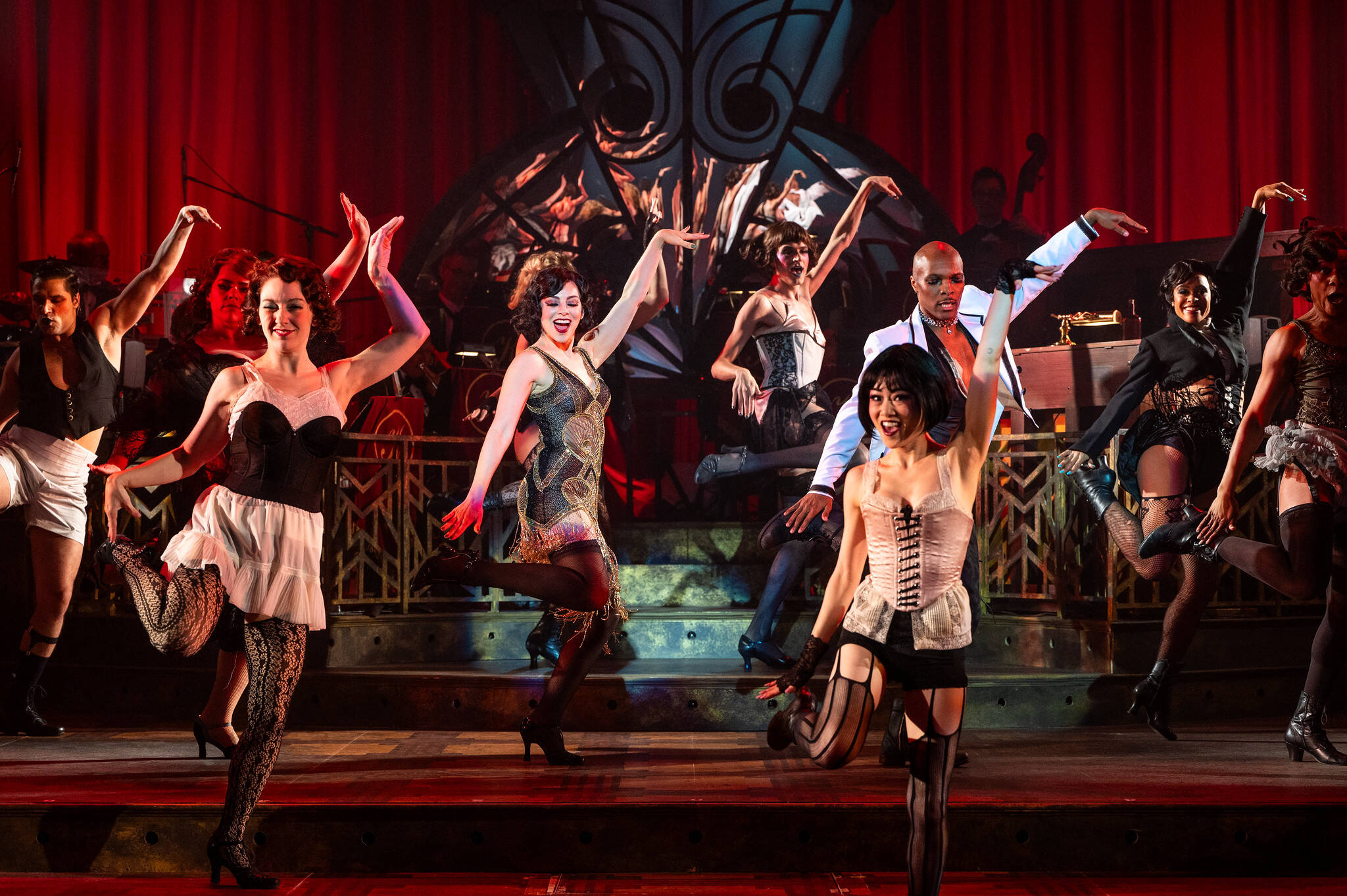 The cast of "Cabaret" at Barrington Stage Company. Krysta Rodriguez as Sally Bowles center. (Courtesy Daniel Rader)