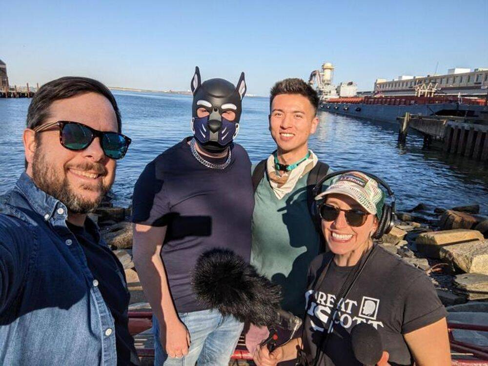 Endless Thread hosts Ben Brock Johnson and Amory Sivertson with pups Nat Werth and Sterling at the the South Boston Green Space dry dock. (Credit: Ben Brock Johnson)