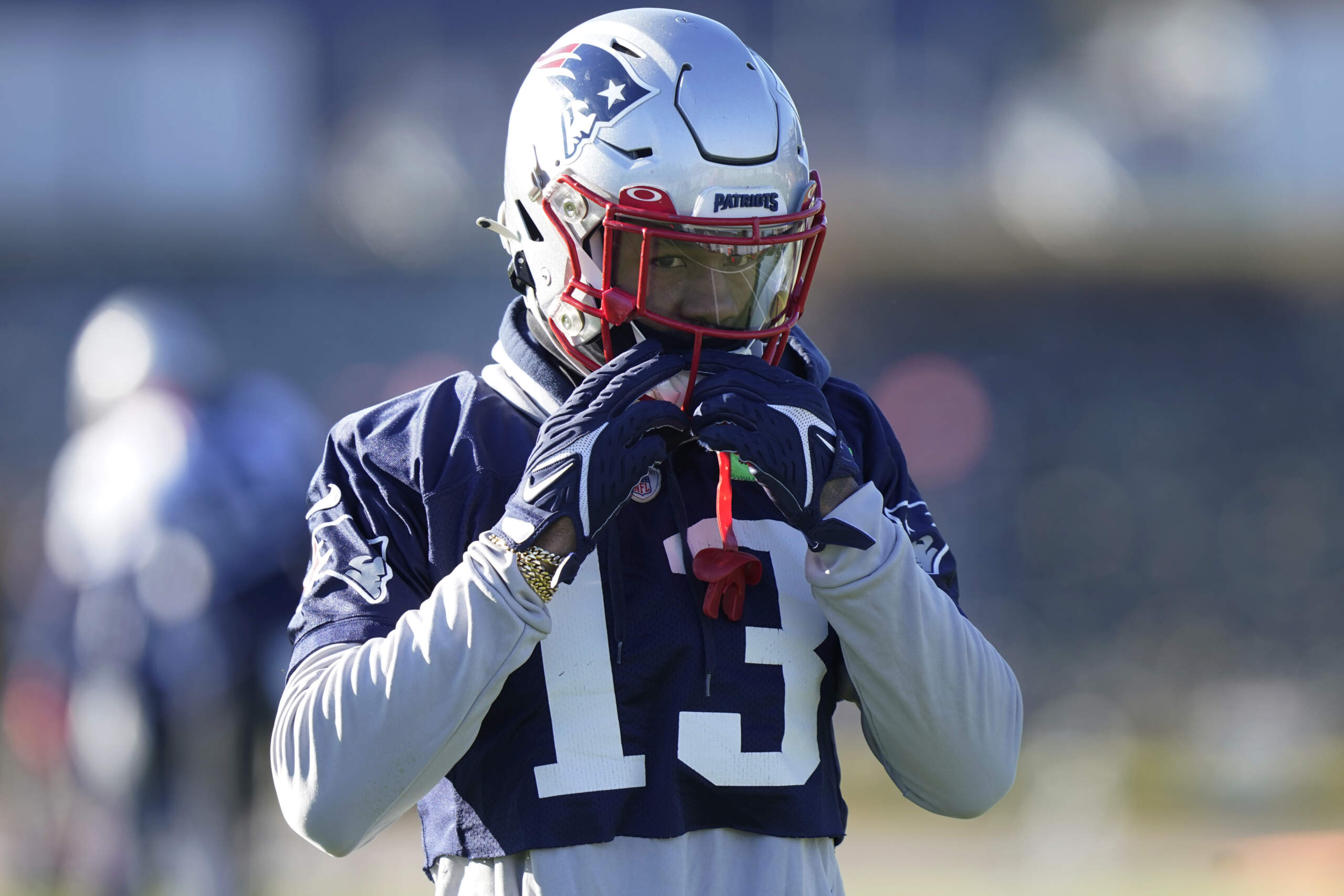 New England Patriots cornerback Jack Jones warms up during an NFL football practice, Wednesday, Dec. 21, 2022, in Foxborough, Mass. (Steven Senne/AP)
