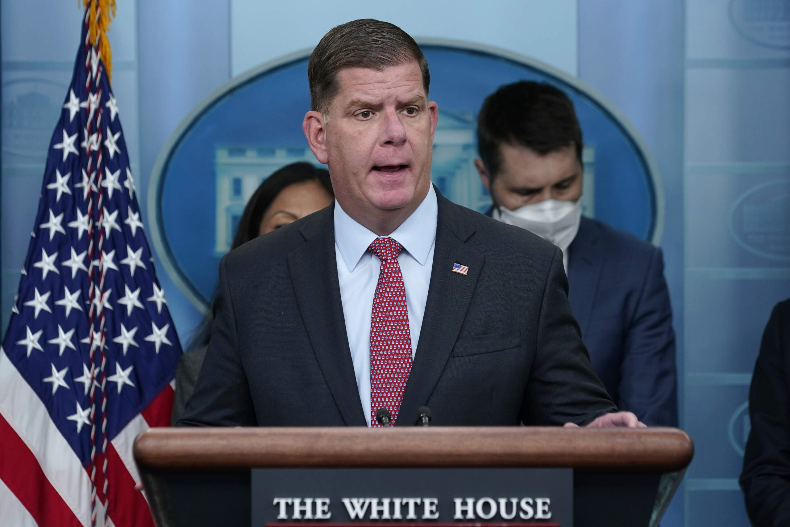 Labor Secretary Marty Walsh speaks during a briefing at the White House in Washington, May 16, 2022. (Susan Walsh/AP)