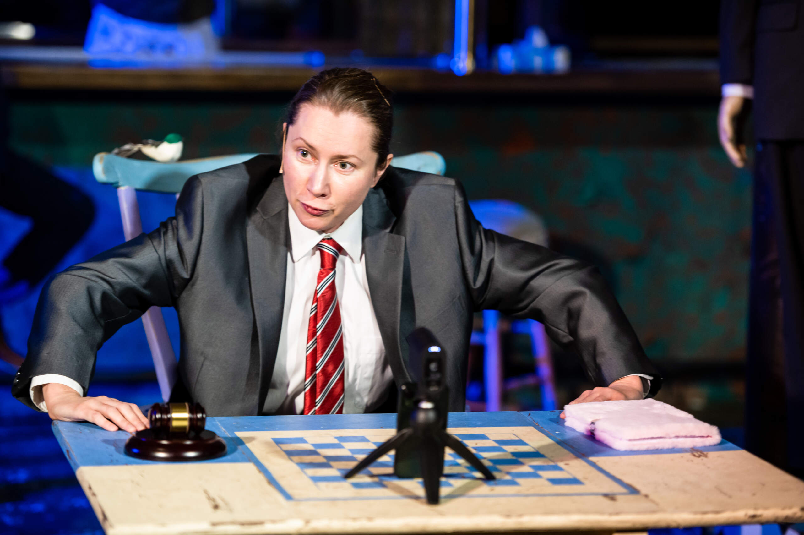 Polina Dubovikova plays Vladimir Putin in "The Gaaga" at the Beat Brew Hall in Harvard Square. (Courtesy Irina Danilova)