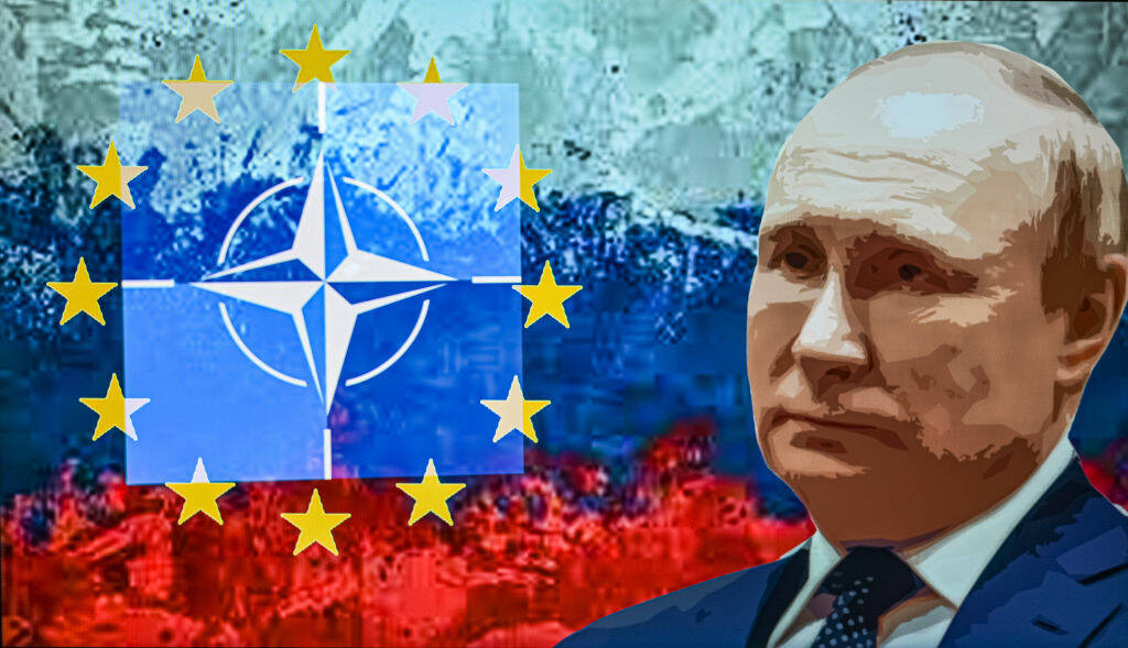 Vladimir Putin seen on screen with NATO double exposure logo displayed on Mobile, on 26 March 2023, in Brussels, Belgium. (Photo Illustration by Jonathan Raa/NurPhoto via Getty Images)