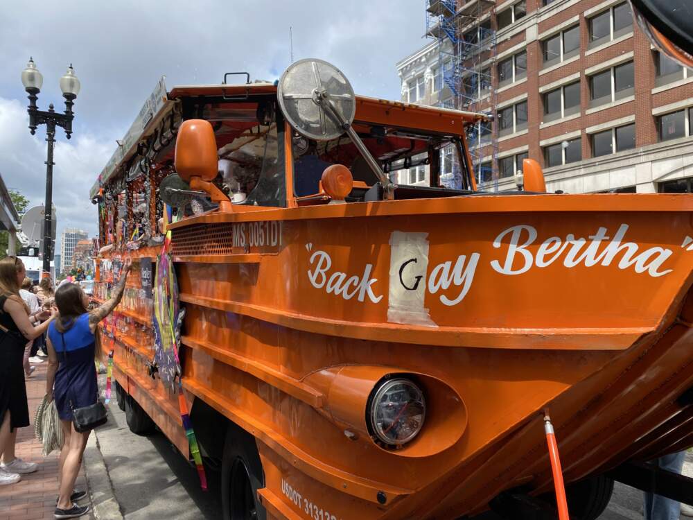 Boston Duck Tour's "Back Bay Bertha" was re-branded for the 2023 Pride parade. (Walter Wuthmann/WBUR)