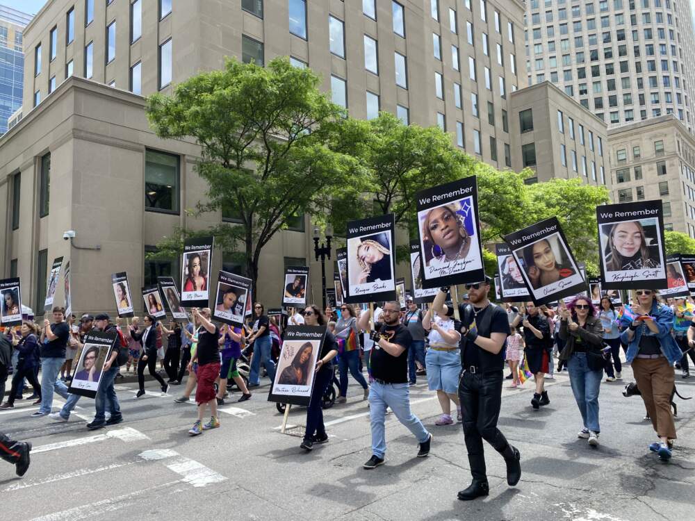 The parade included a walking memorial for those in the trans and gender expansive community who had recently died. (Walter Wuthmann/WBUR)