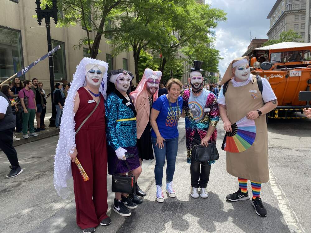 Gov. Maura Healey stopped to take photos and selfies during the 2023 Boston Pride parade. (Walter Wuthmann/WBUR)