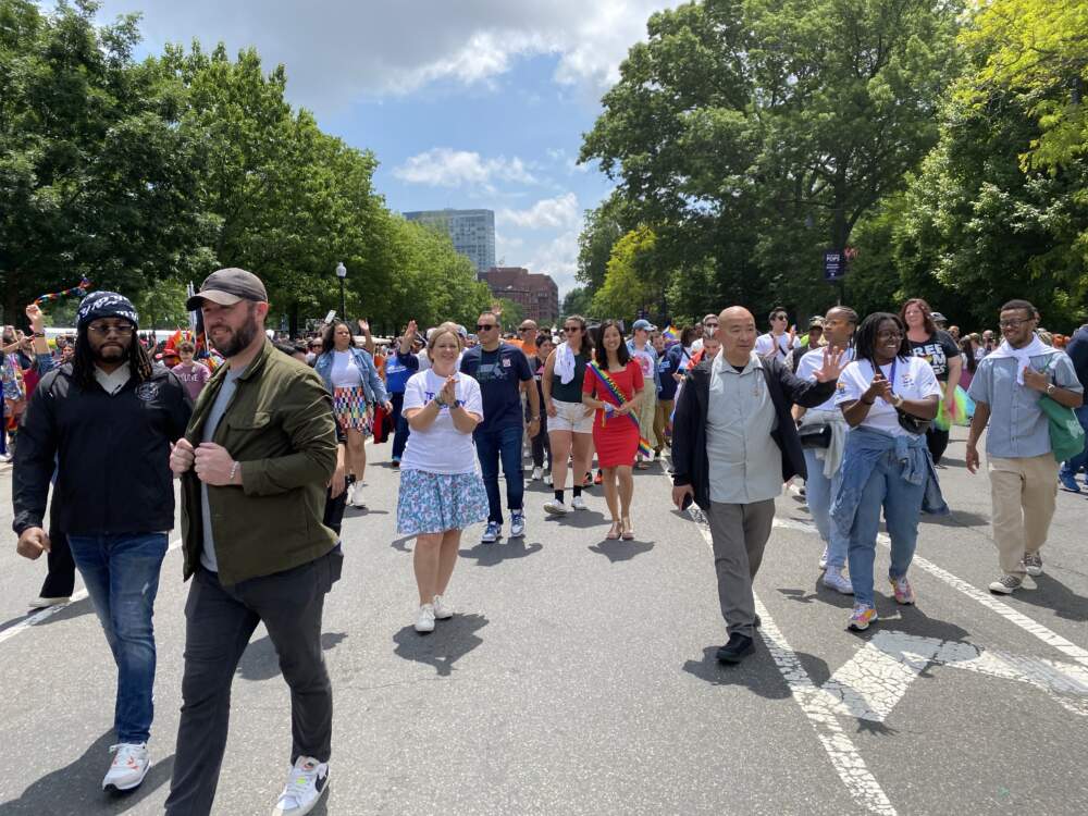 Boston Mayor Michelle Wu marches in the 2023 Boston Pride parade. (Walter Wuthmann/WBUR)