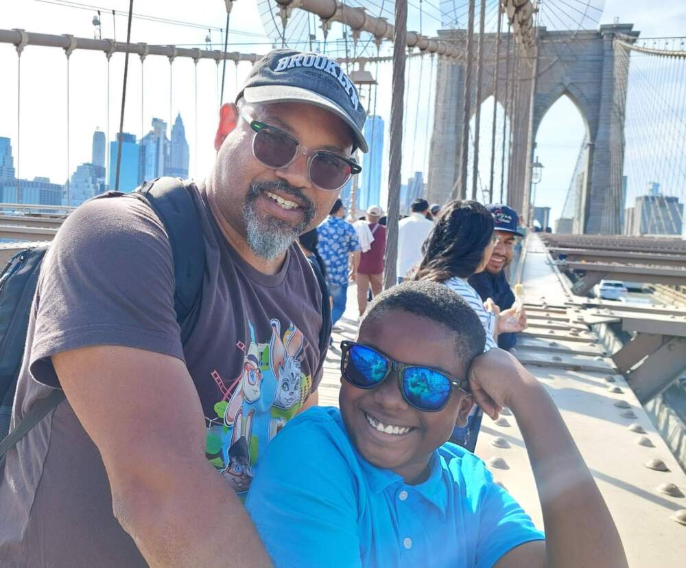 "BunnAmigos" hosts Maurice and Ezra Poplar at the Brooklyn Bridge. (Courtesy of Maurice and Ezra Poplar)