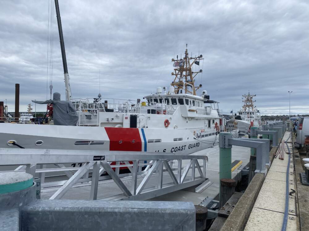 Coast Guard vessels docked at the U.S. Coast Guard Base Boston, the coordination command center for the Titan submersible rescue mission. (Walter Wuthmann/WBUR)