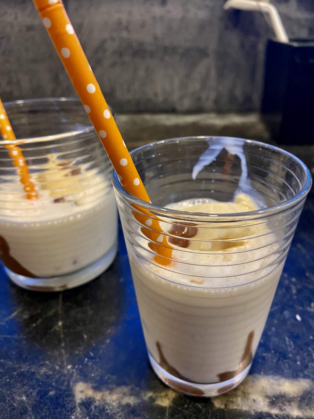 Vanilla milkshake with chocolate swirl. (Kathy Gunst/Here & Now)