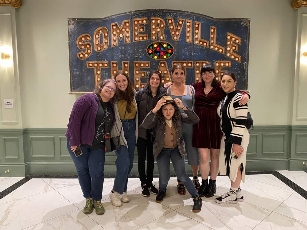 Team Women Artists in Action after seeing their little film on the big screen. From left: Linnea Dwyer, Jessica Roach, Annie Laurie Medonis, Breanna Cee Martins, Kaylee Cataldo Perry, Julia Curiale. Front: Jayme Aronson (Andrea Shea/WBUR)
