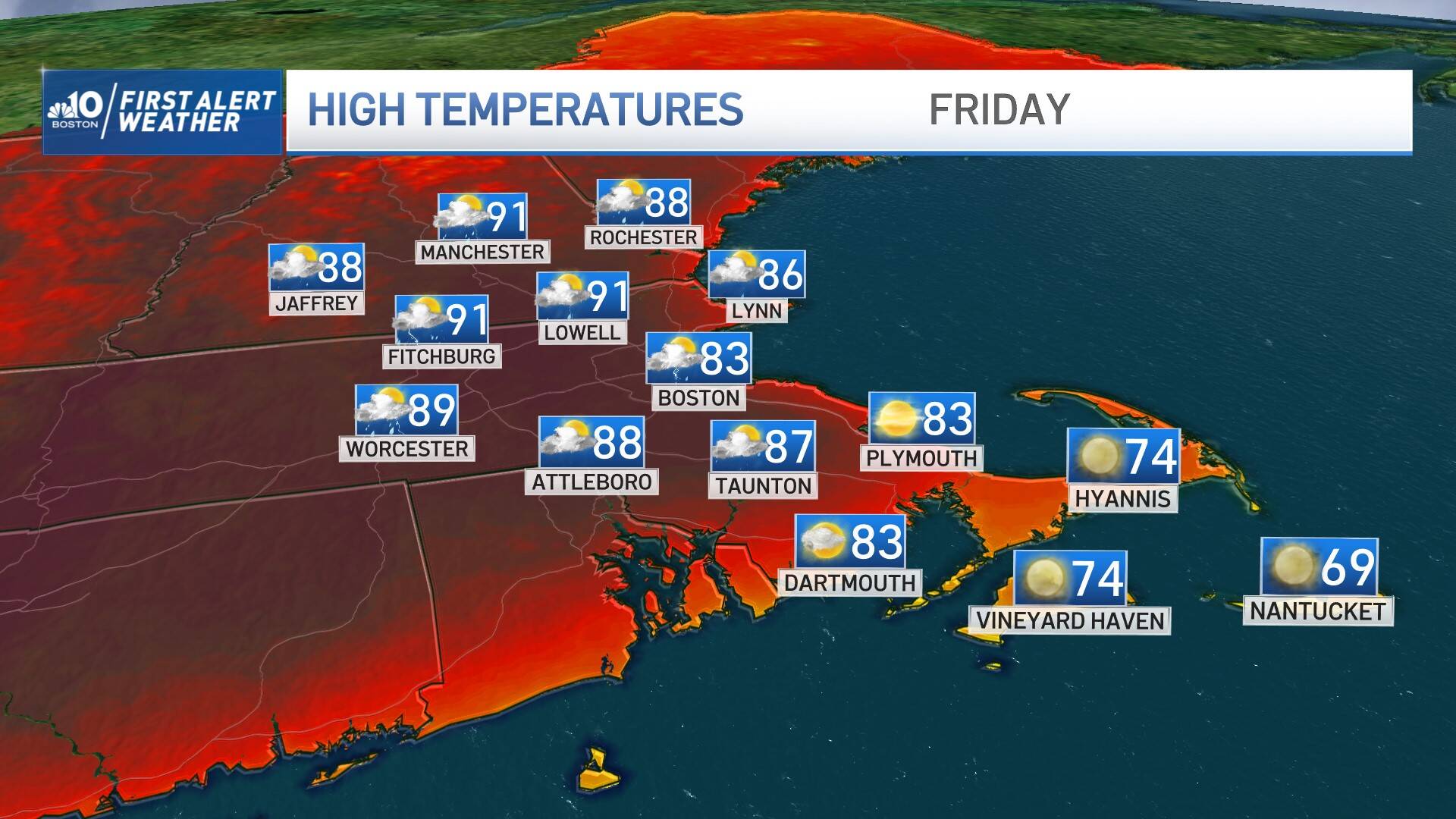 Map of high temperatures forecasted for Friday, June 2, 2023. (Graphic Courtesy NBC Boston)