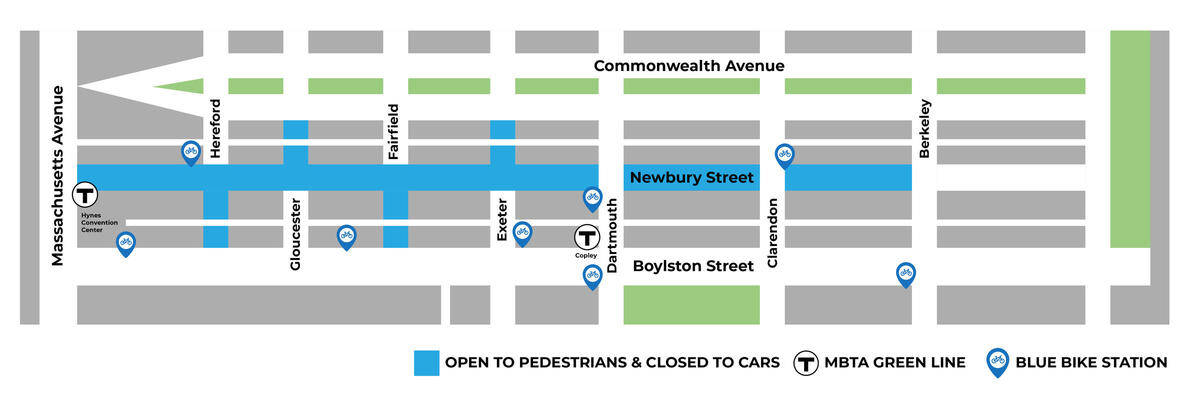 Newbury Street will be car-free from 10 a.m. to 8 p.m. — from Berkeley Street to Mass. Ave — each Sunday through October 15. (City of Boston)