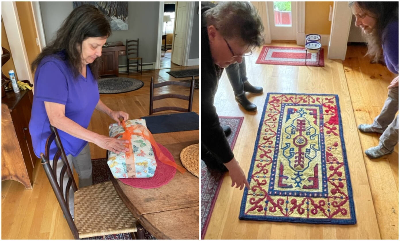 Donna Savastio opens the rug after Jan Rohwetter finished the edges. (Courtesy John Shambroom)