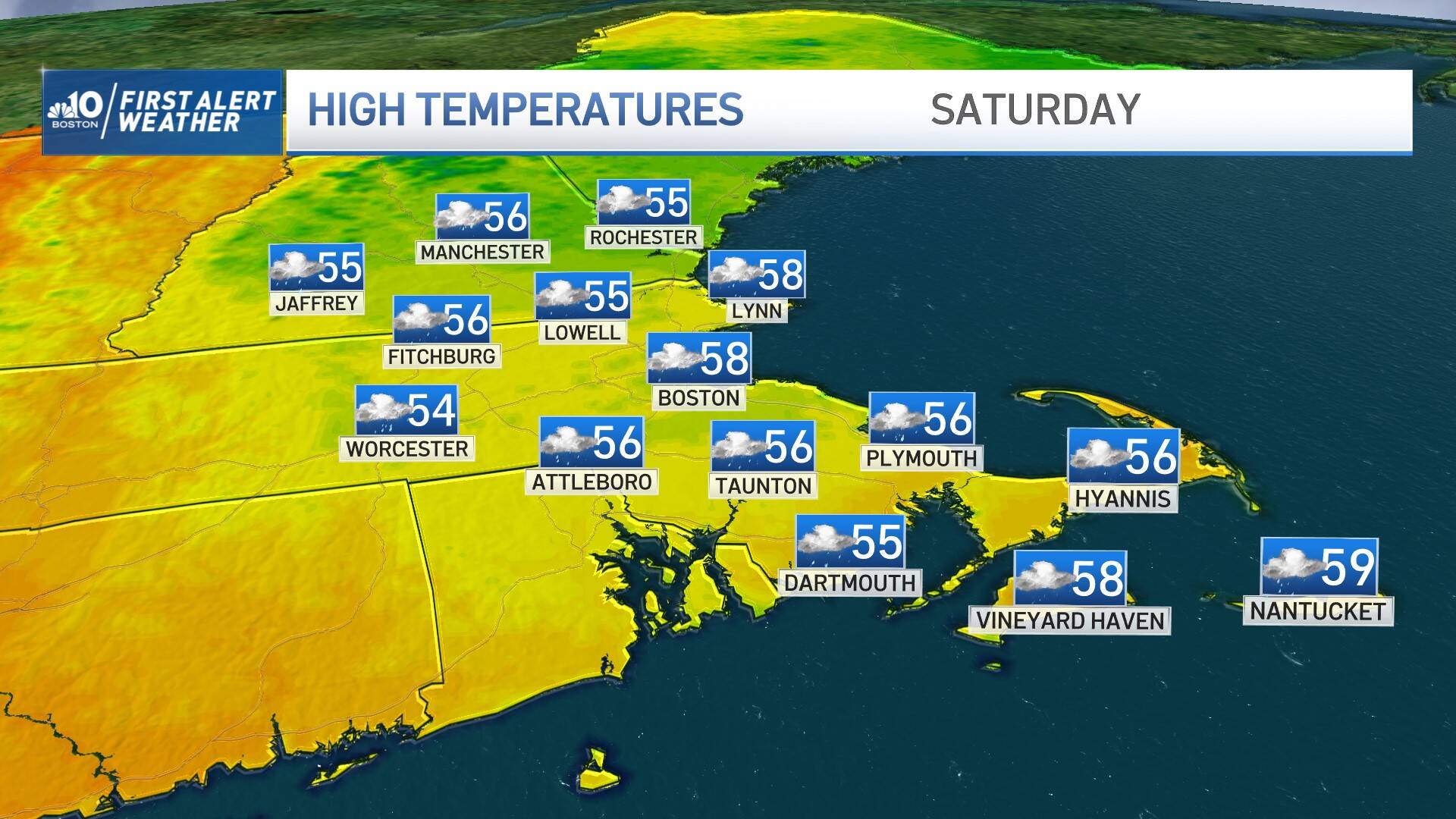 Map of high temperatures forecasted for Saturday, June 3, 2023. (Graphic Courtesy NBC Boston)