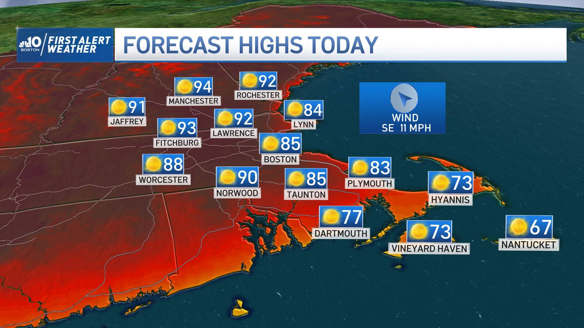 Map of high temperatures forecasted for Thursday, June 1, 2023. (Graphic Courtesy NBC Boston)