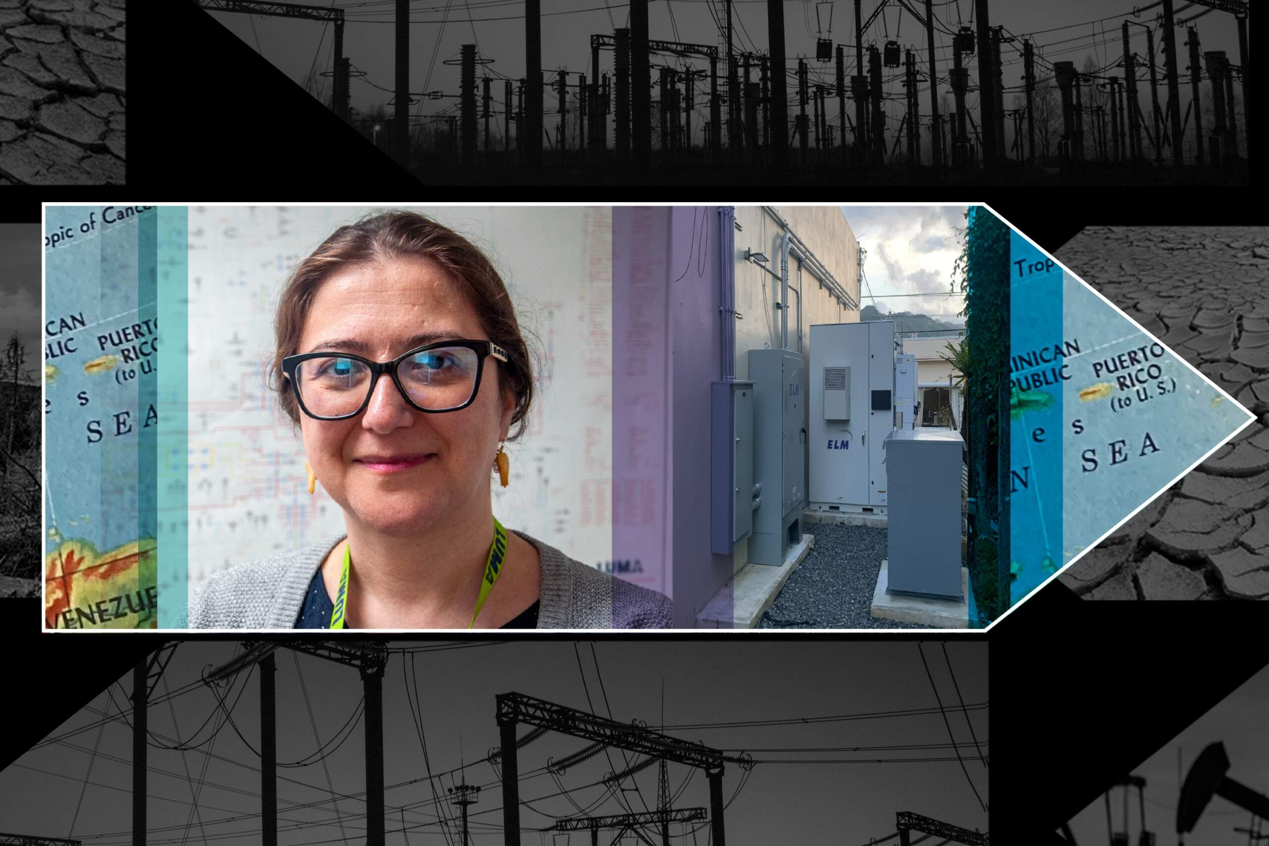 Shay Bahramirad is the vice president for engineering, asset management and capital projects at the LUMA Energy Corporation, in front of a schematic of Puerto Rico’s electric grid. (Chris Bentley/Here & Now)
