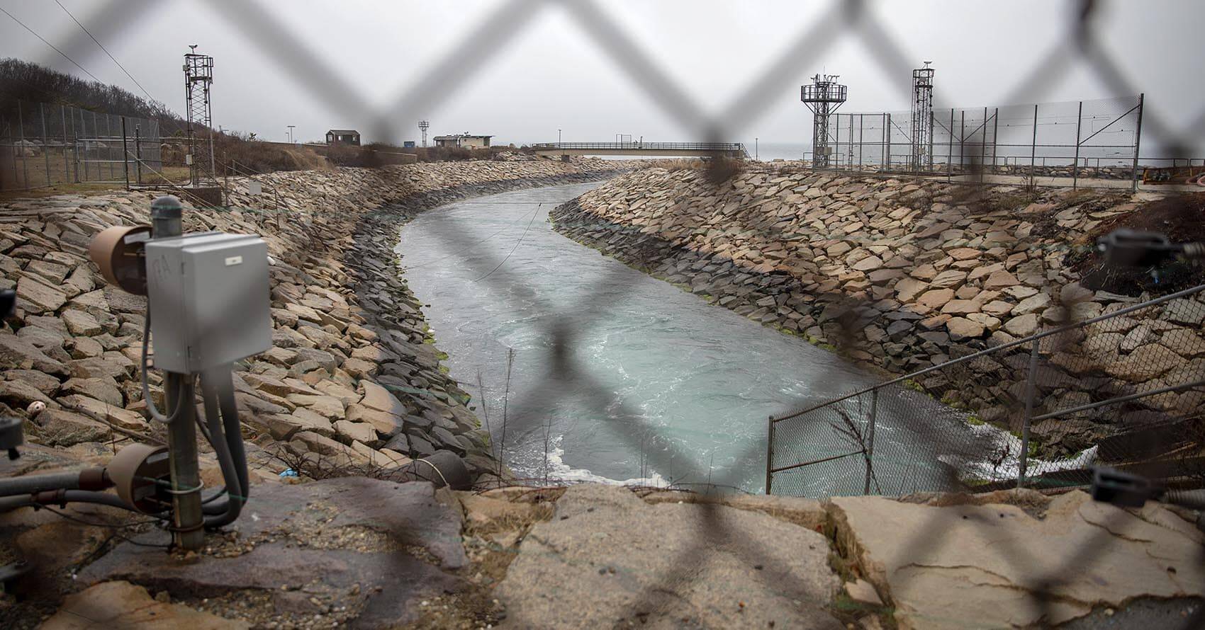 The discharge canal at the former Pilgrim Nuclear Power Station in Plymouth. (Robin Lubbock/WBUR)