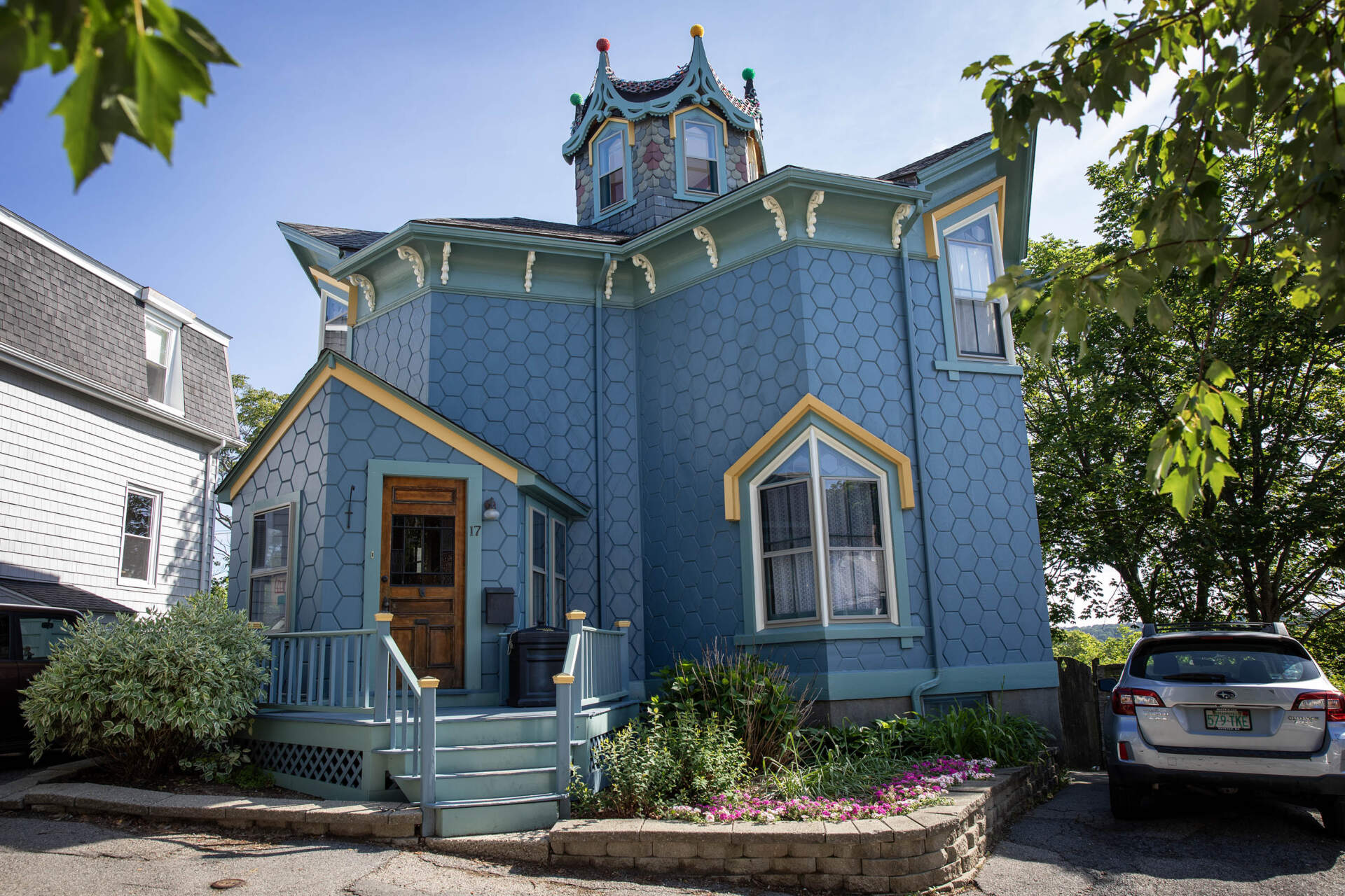 17 Cranston St. in Jamaica Plain is noted as &quot;a unique and flamboyant wood-frame residence&quot; built in 1871, according to the National Register of Historic Places. (Robin Lubbock/WBUR)