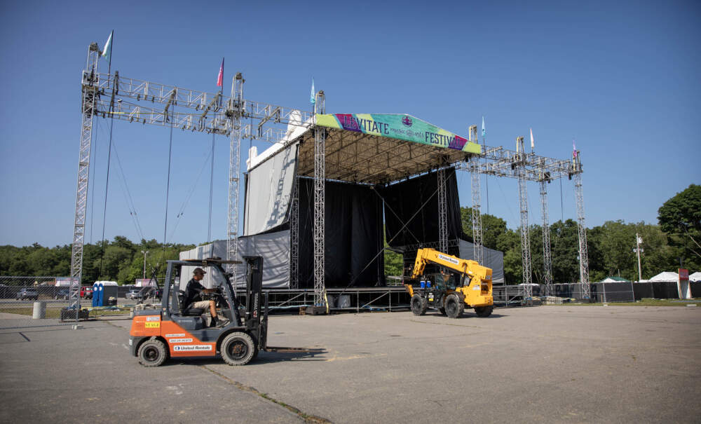 The main stage of the 2023 Levitate Festival approaches completion at Marshfield fairground. (Robin Lubbock/WBUR)