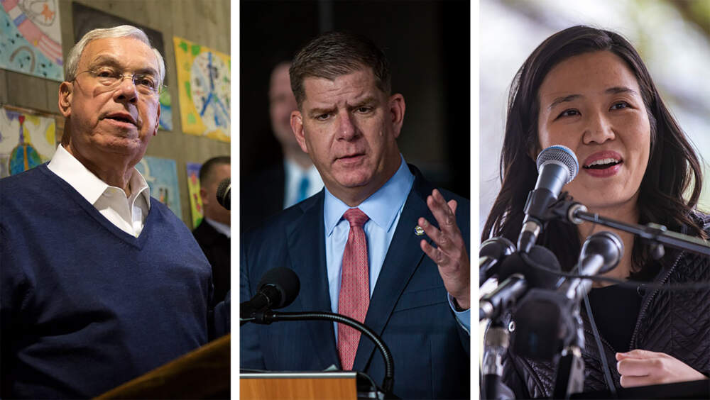 The last three mayors of Boston: Thomas Menino, Marty Walsh, and Michelle Wu. (Jesse Costa/WBUR)