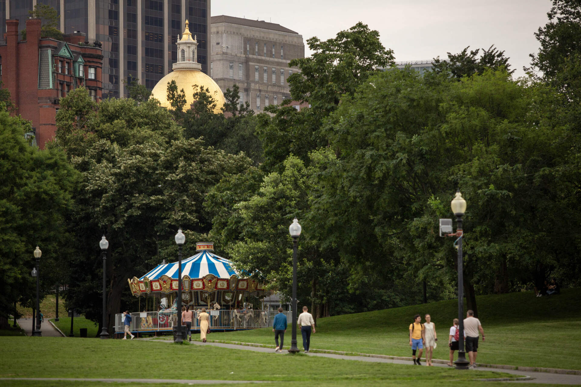 The dome of the Massachusetts State House seen above the trees from across Boston Common. (Robin Lubbock/WBUR)
