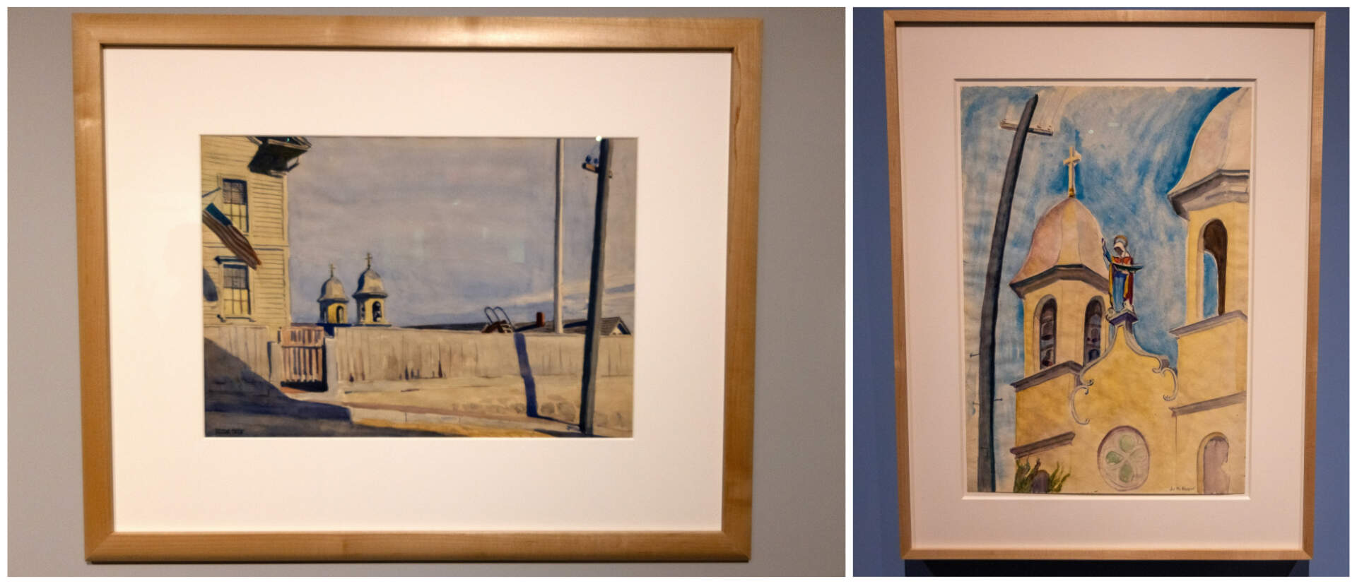 Left: “Portuguese Church in Gloucester,” 1923 by Edward Hopper. Right: “Church Towers, Gloucester,” Undated by Josephine Nivison Hopper. (Jesse Costa/WBUR)