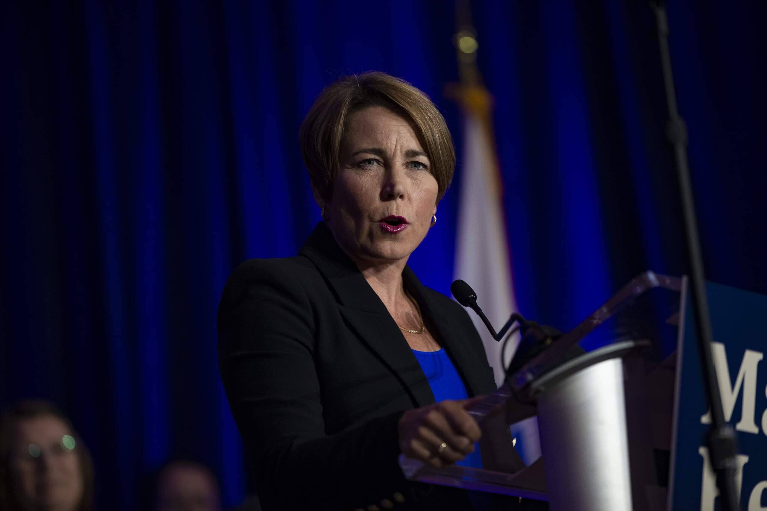 Massachusetts Governor Maura Healey speaks to a crowd in Dorchester. (Jesse Costa/WBUR)