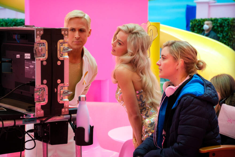 Ryan Gosling, Margot Robbie and Greta Gerwig on the set of “Barbie." (Courtesy of Jaap Buitendijk)