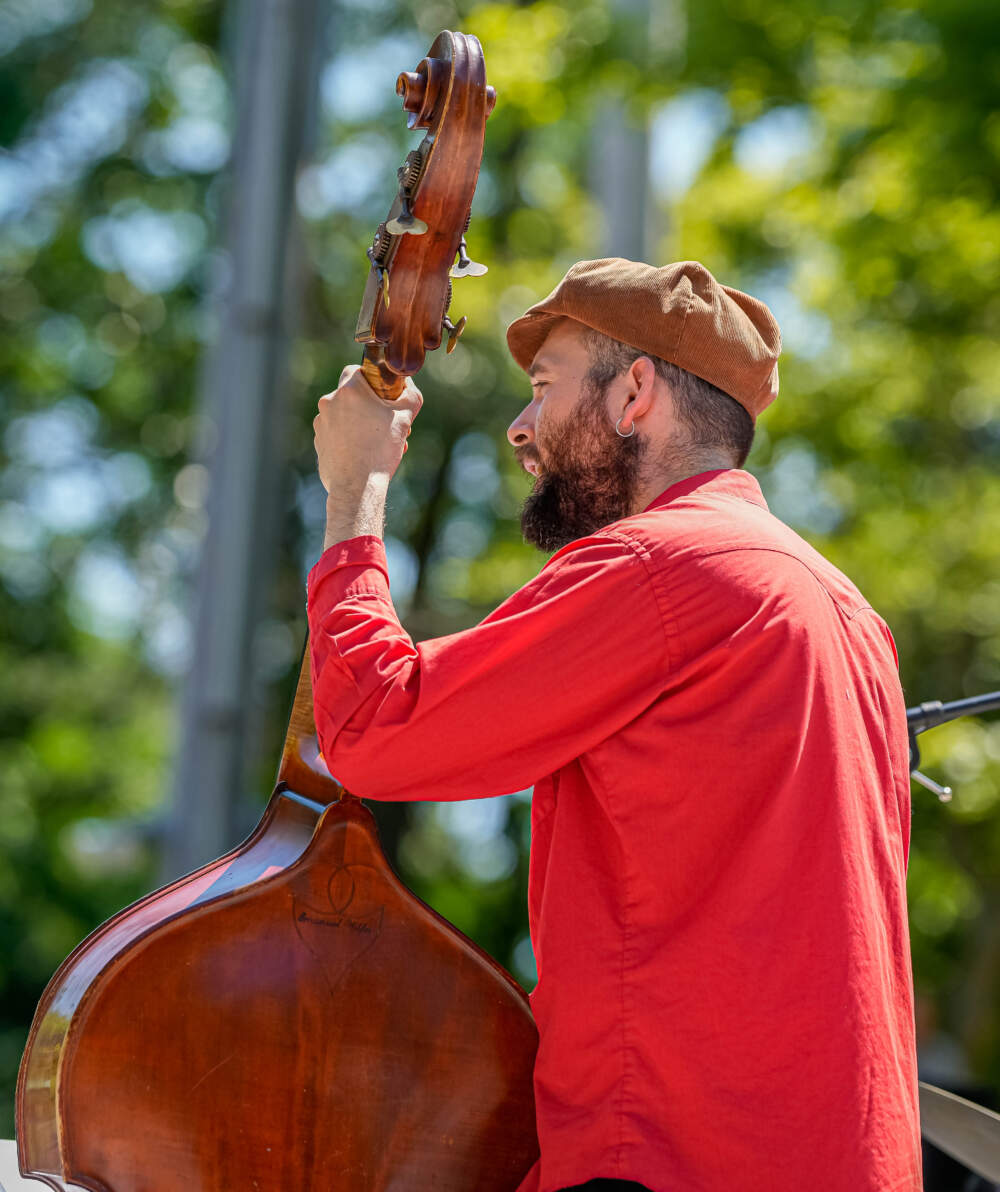 A performer faces the crowd at the Charles River Jazz Festival. (Courtesy Charles River Jazz Festival)