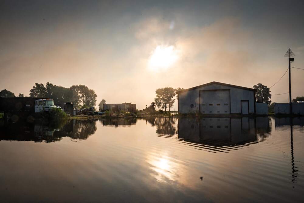 A garage off Hockanum Road in the Northampton Meadows on the morning of July 12, 2023. (Ben James/NEPM)