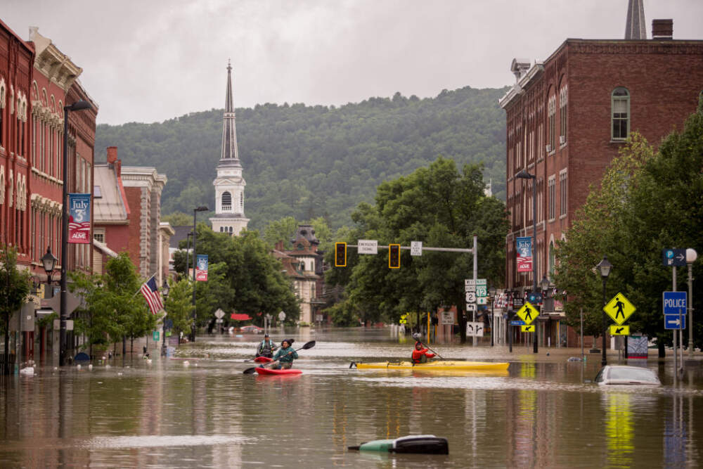 Flooding in downtown Montpelier, Vermont on Tuesday, July 11, 2023. Vermont has been under a State of Emergency since Sunday evening as heavy rains continued through Tuesday morning causing flooding across the state. (John Tully for The Washington Post via Getty Images)
