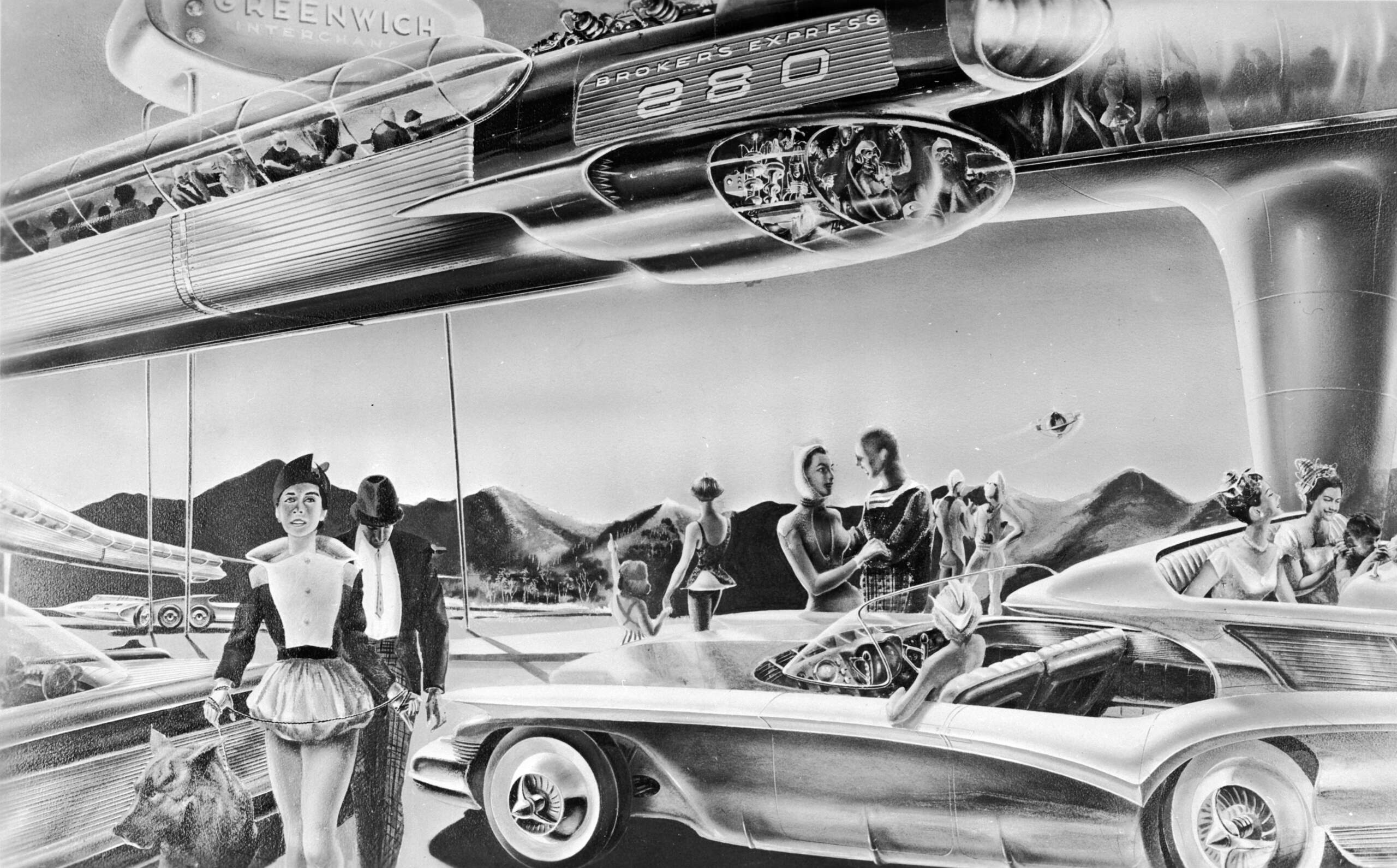 An artist's impression of the future of commuting: a futuristic monorail to transport people to and from suburbia and their waiting families. (Evans/Three Lions/Getty Images)