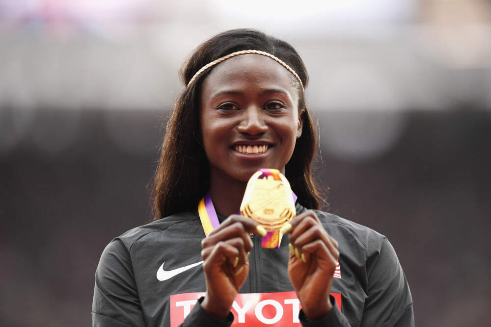 Tori Bowie of the United States poses with the gold medal for the Women's 100 metres during day four of the 16th IAAF World Athletics Championships London 2017 at The London Stadium on Aug. 7, 2017 in London, United Kingdom. (Matthias Hangst/Getty Images)